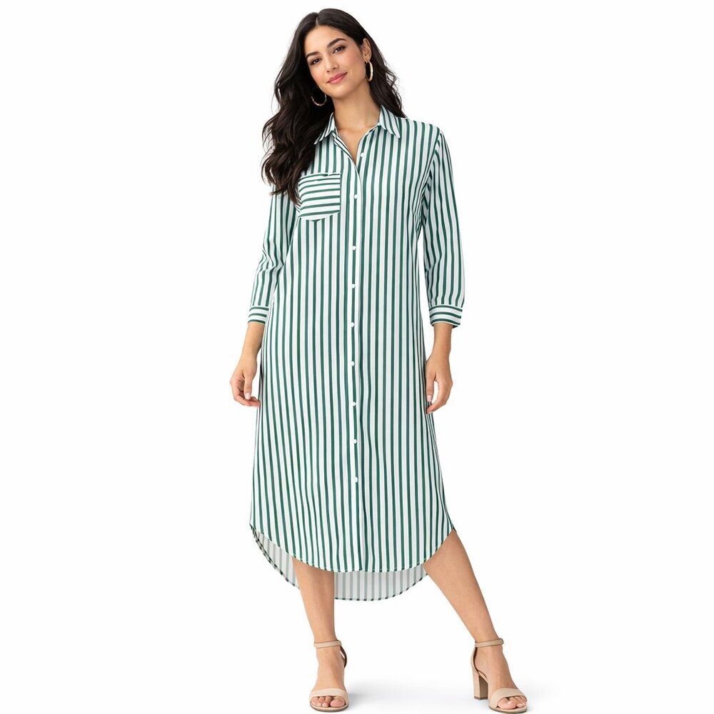 Green White Stripe Button Front Shirt Dress Pockets Long Sleeve S